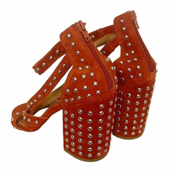 FARA-S Steve Madden Studded Rust Orange Suede Chunky Block Heel Strappy Sandal - Picture 5 of 15